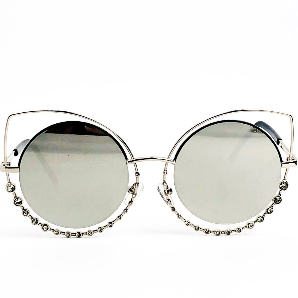 Round Metal Rhinestone Mirror Lens Sunglasses